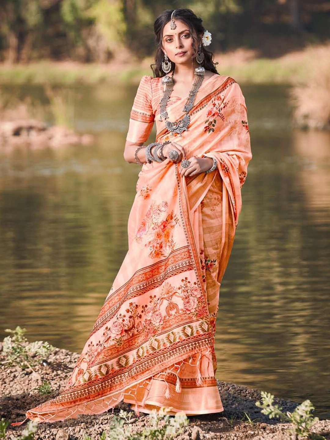

Mitera Peach-Coloured & Green Floral Printed Zari Saree