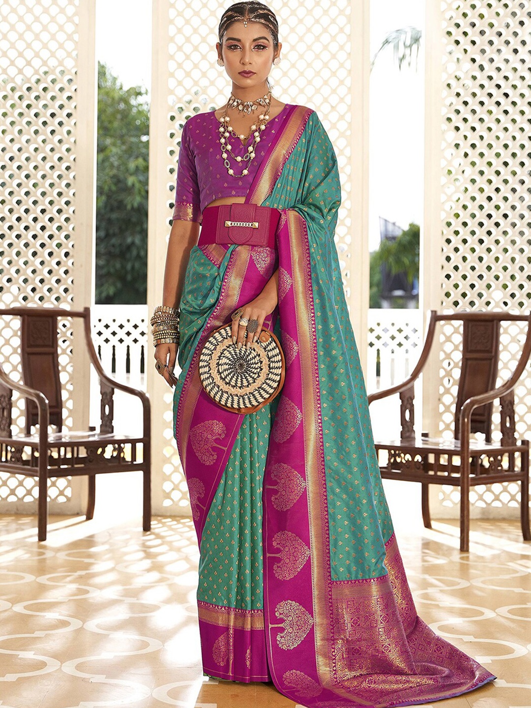 

Mitera Green & Purple Ethnic Motifs Woven Design Zari Banarasi Saree