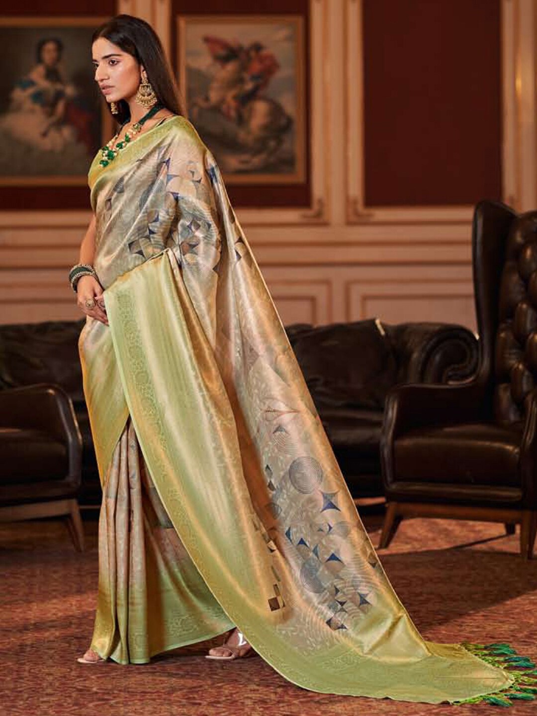 

Mitera Green & Grey Floral Woven Design Zari Banarasi Saree