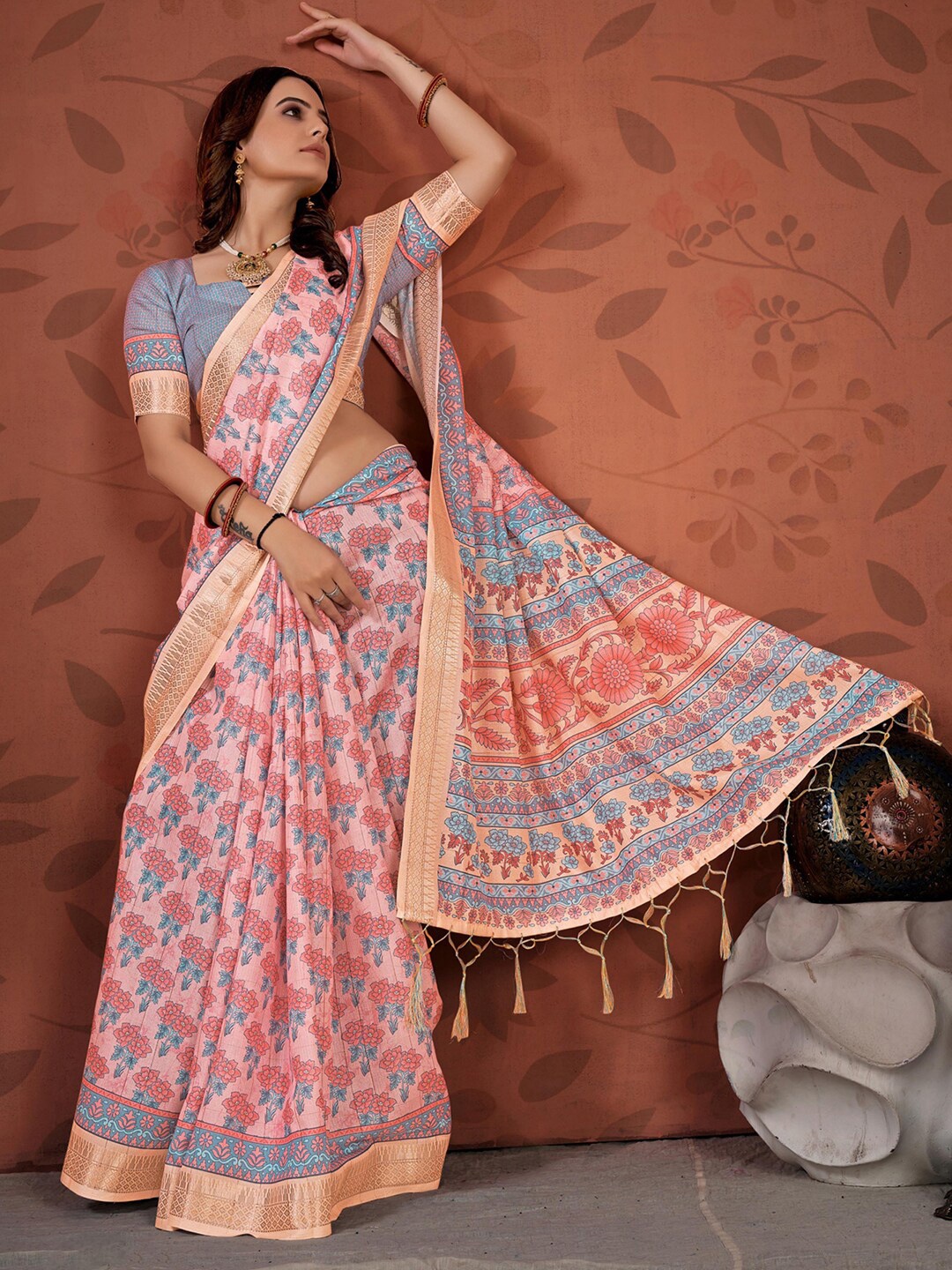 

Mitera Peach-Coloured & Blue Floral Zari Saree