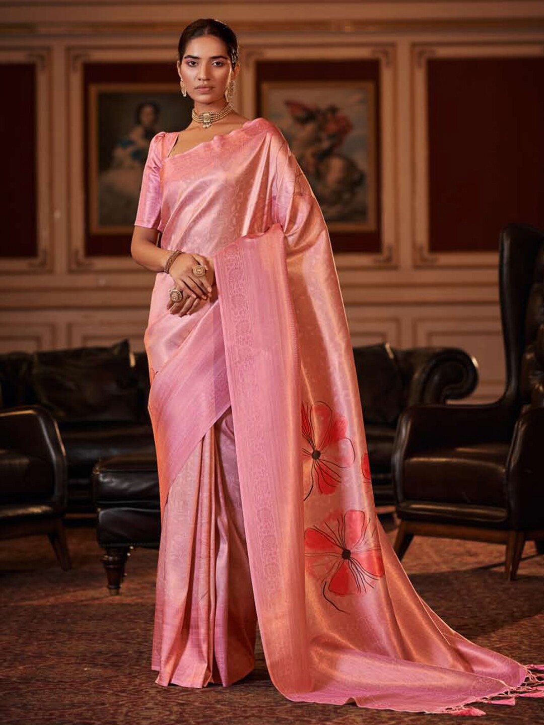 

Mitera Pink Ethnic Motifs Woven Design Zari Banarasi Saree