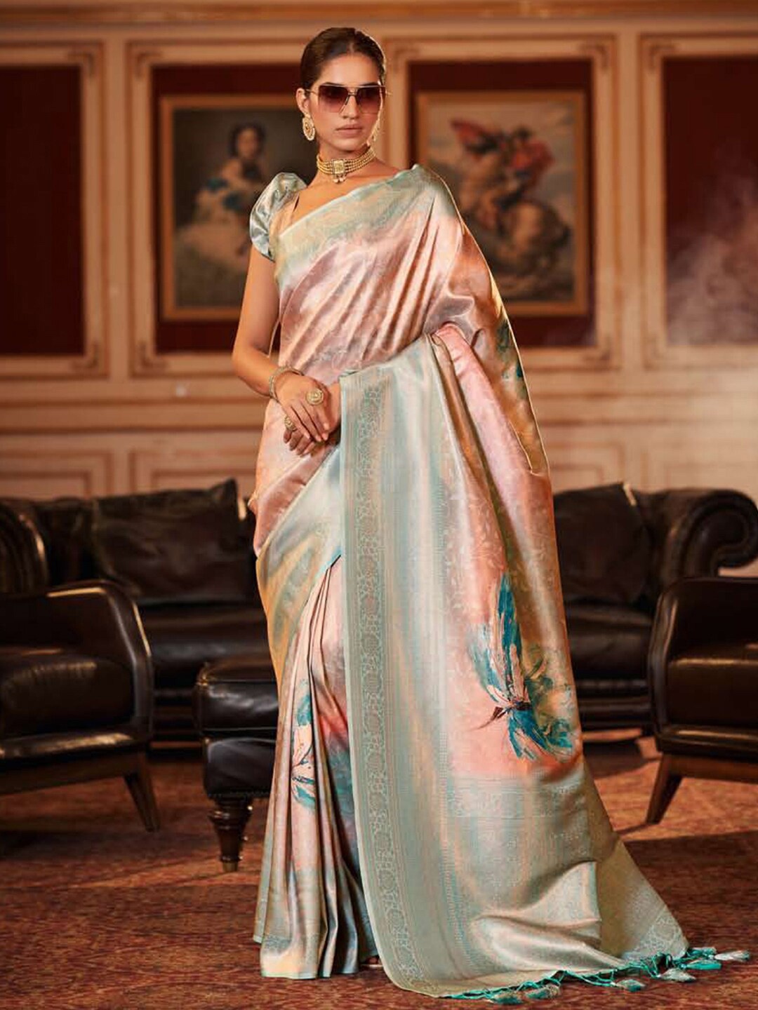 

Mitera Peach-Coloured & Turquoise Blue Floral Printed Zari Banarasi Saree