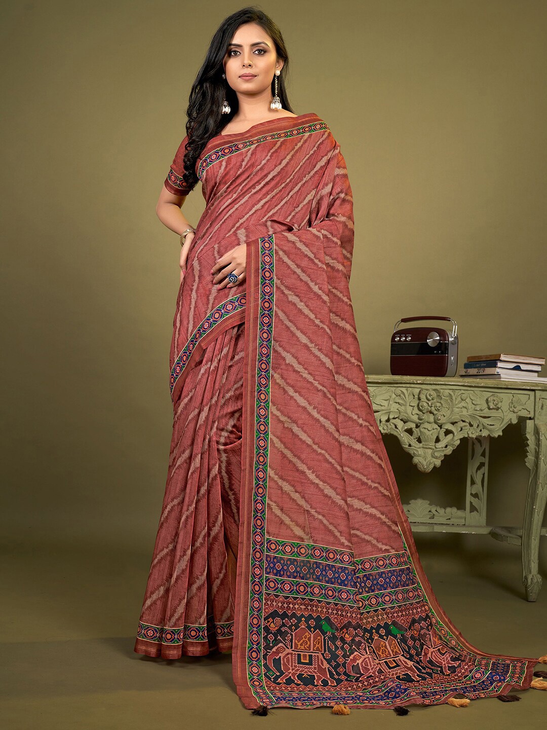 

Mitera Rust & Beige Striped Zari Saree