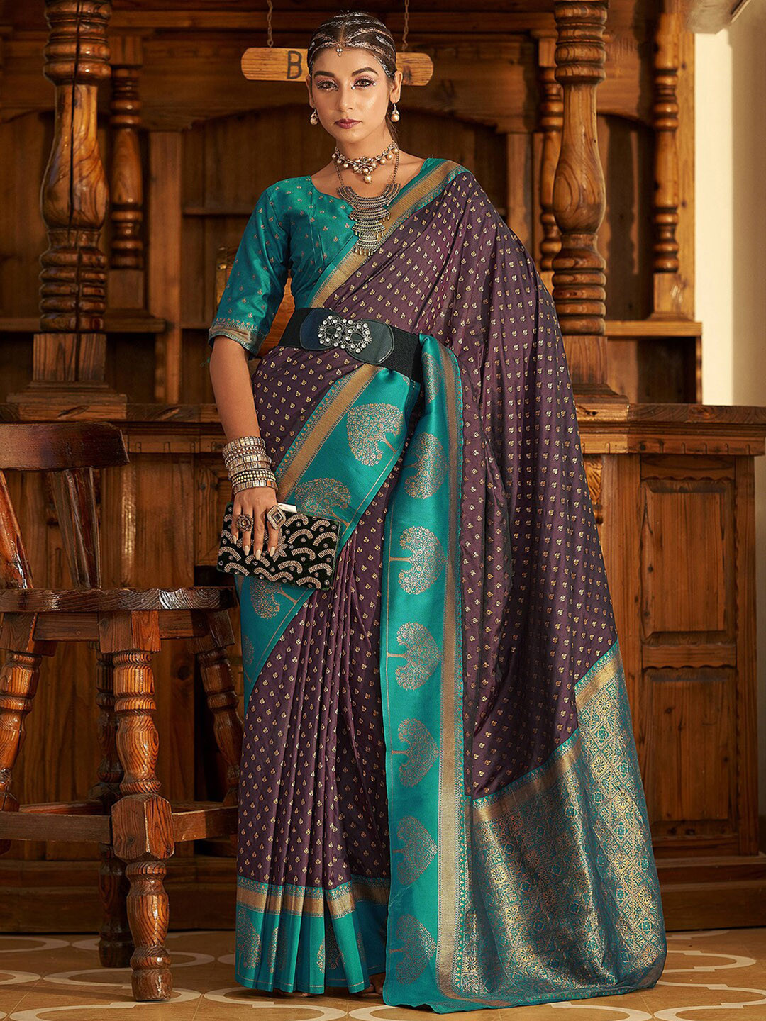 

Mitera Brown & Blue Woven Design Zari Art Silk Belted Banarasi Saree