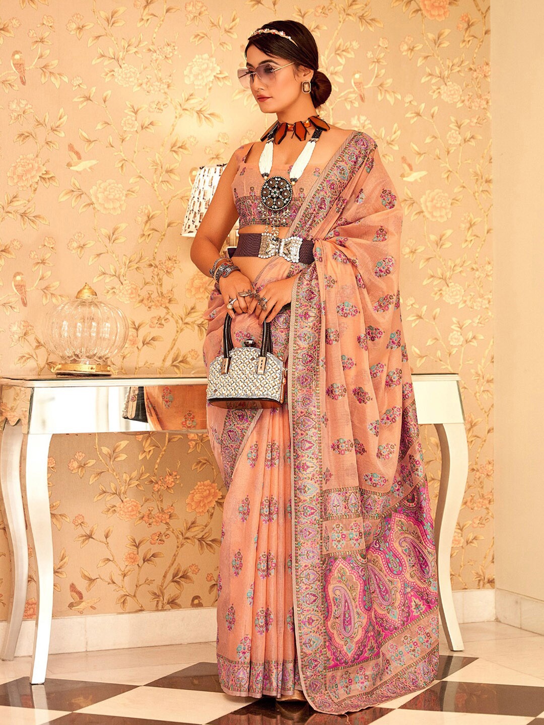 

Mitera Orange & Pink Ethnic Motifs Woven Design Silk Cotton Jacquard Saree