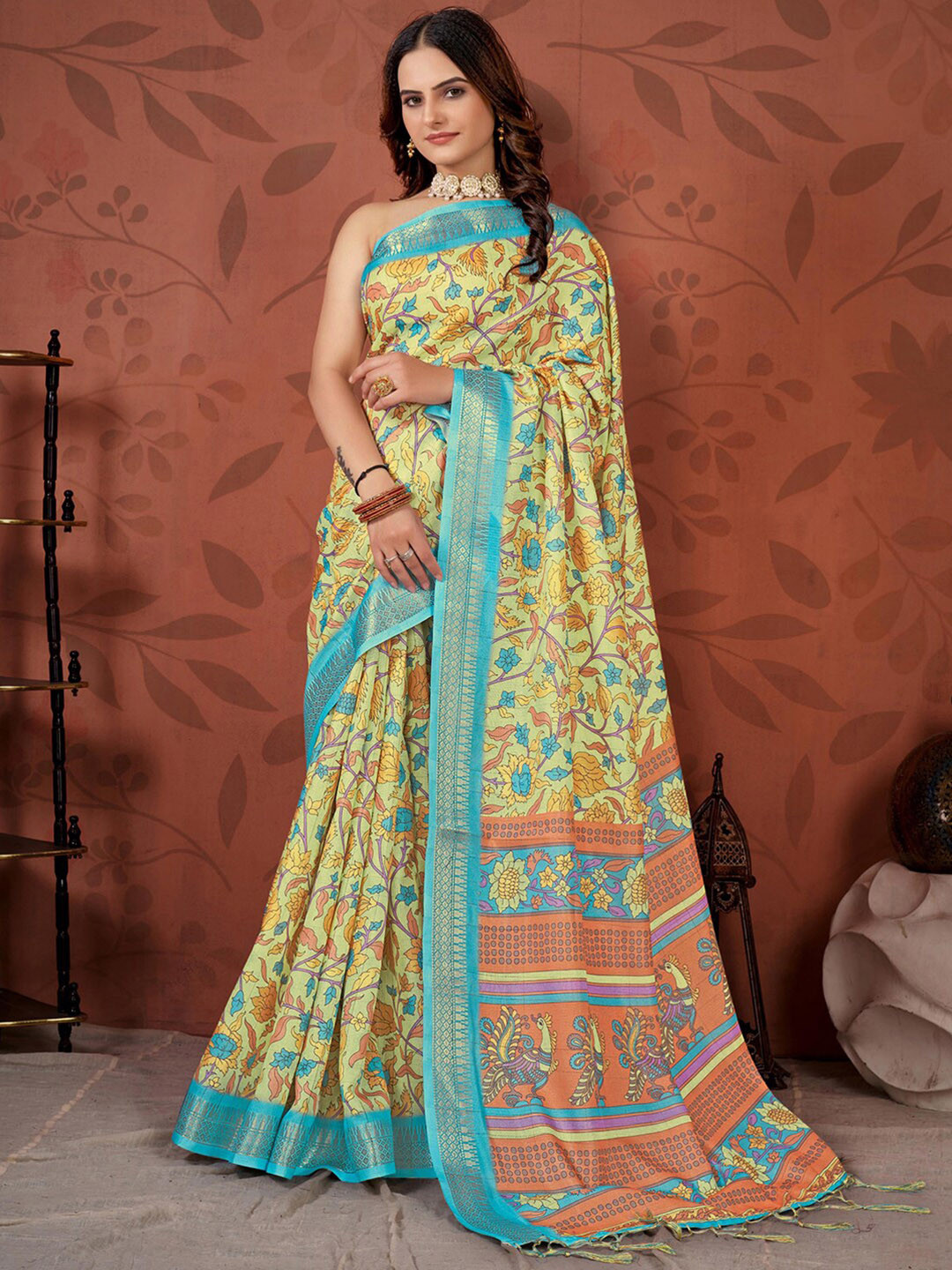 

Mitera Green & Blue Floral Printed Tasseled Zari Saree