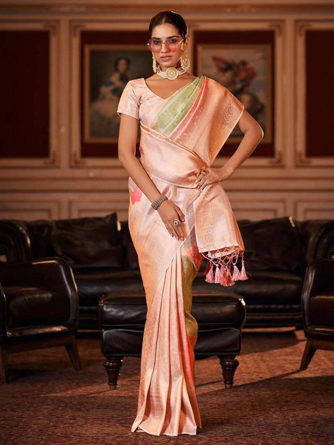 

Mitera Pink & Green Woven Design Zari Art Silk Banarasi Saree