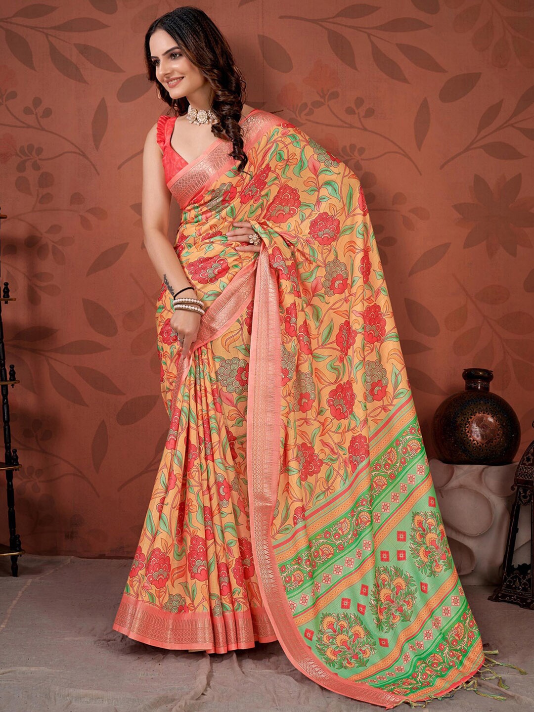 

Mitera Orange & Red Floral Printed Polycotton Zari Saree