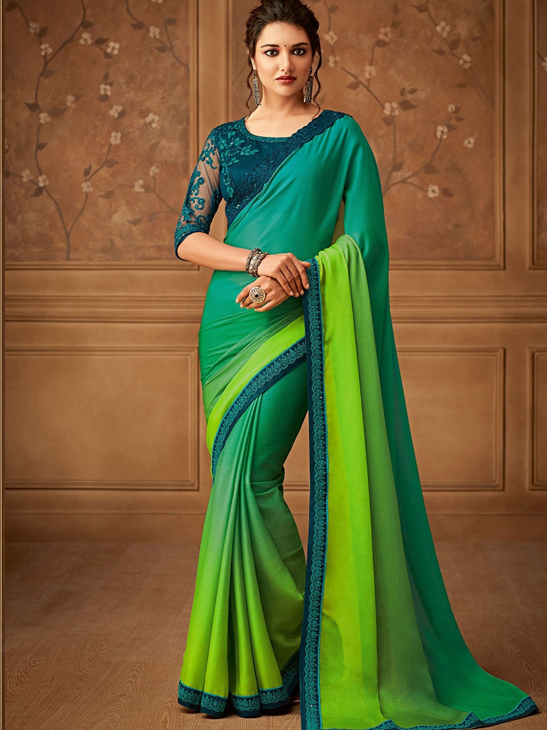 

Mitera Green Ombre Embroidered Saree