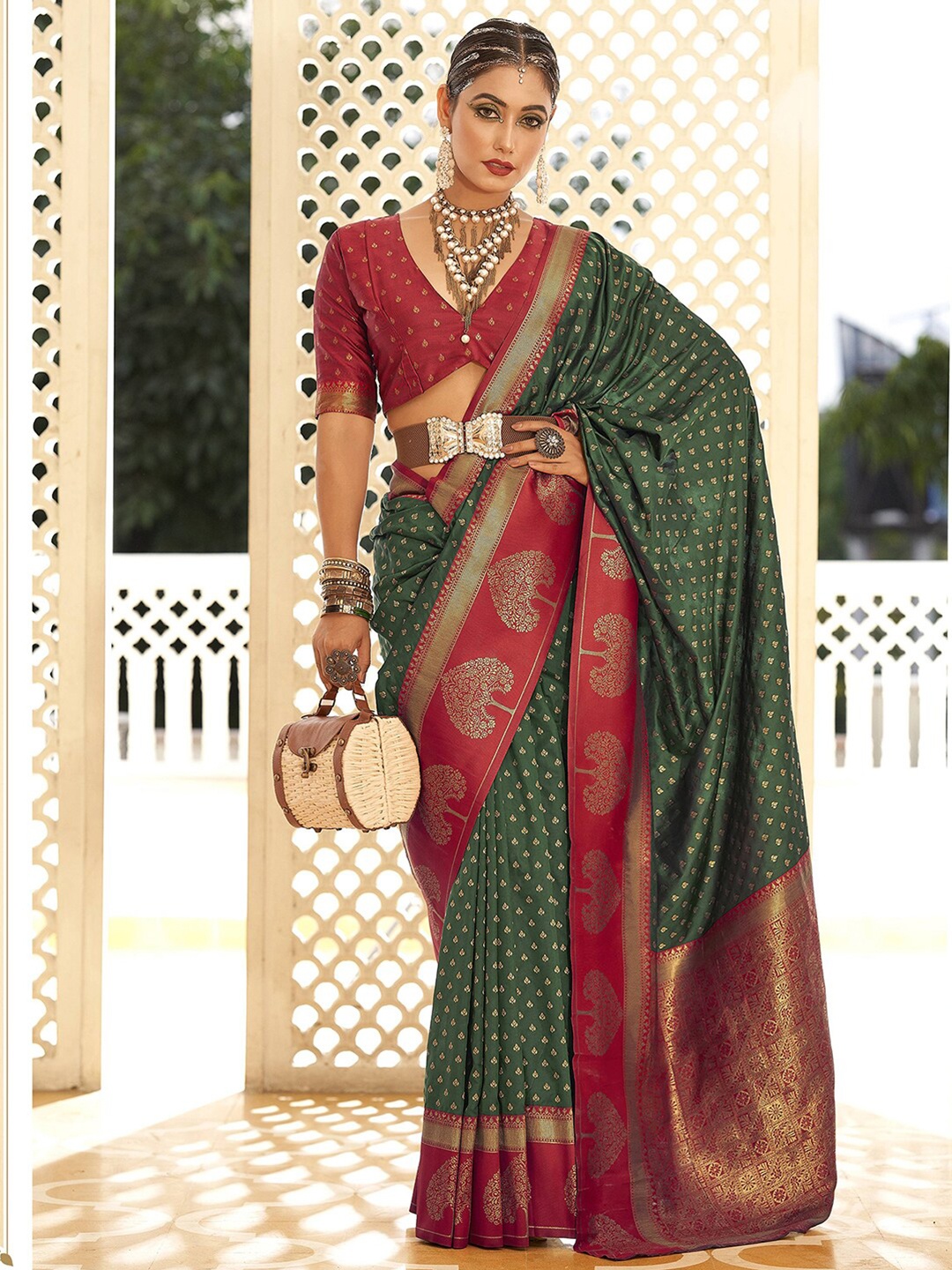 

Mitera Olive Green & Red Woven Design Zari Art Silk Banarasi Saree
