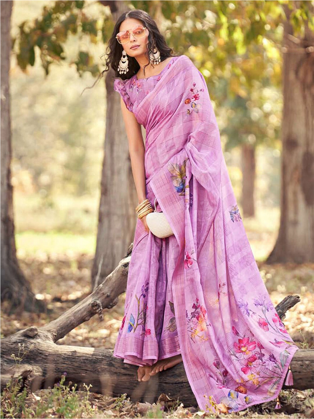 

Mitera Purple & Yellow Floral Printed Zari Saree