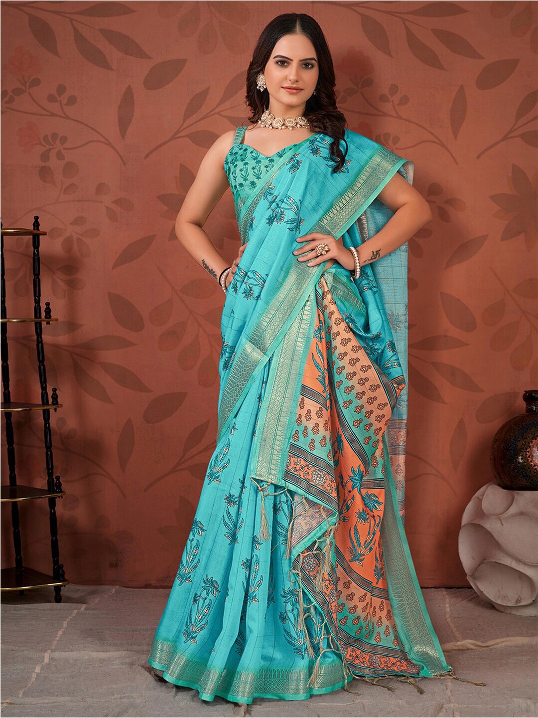 

Mitera Turquoise Blue & Gold-Toned Floral Printed Zari Saree