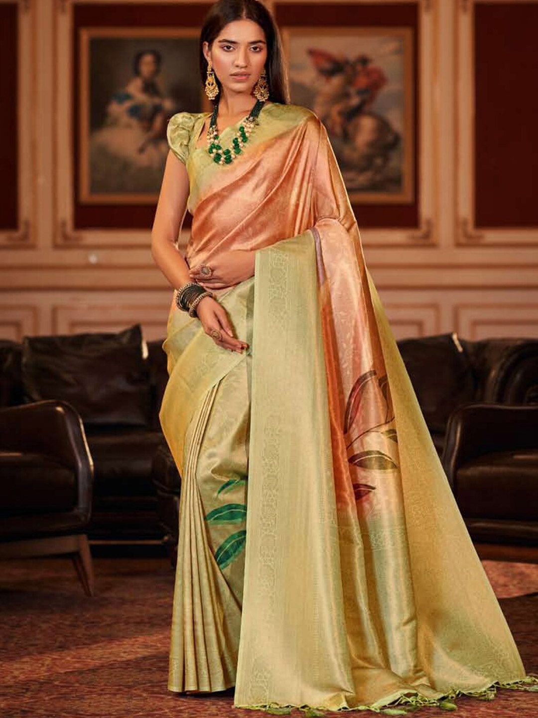 

Mitera Green & Peach-Coloured Floral Woven Design Zari Banarasi Saree