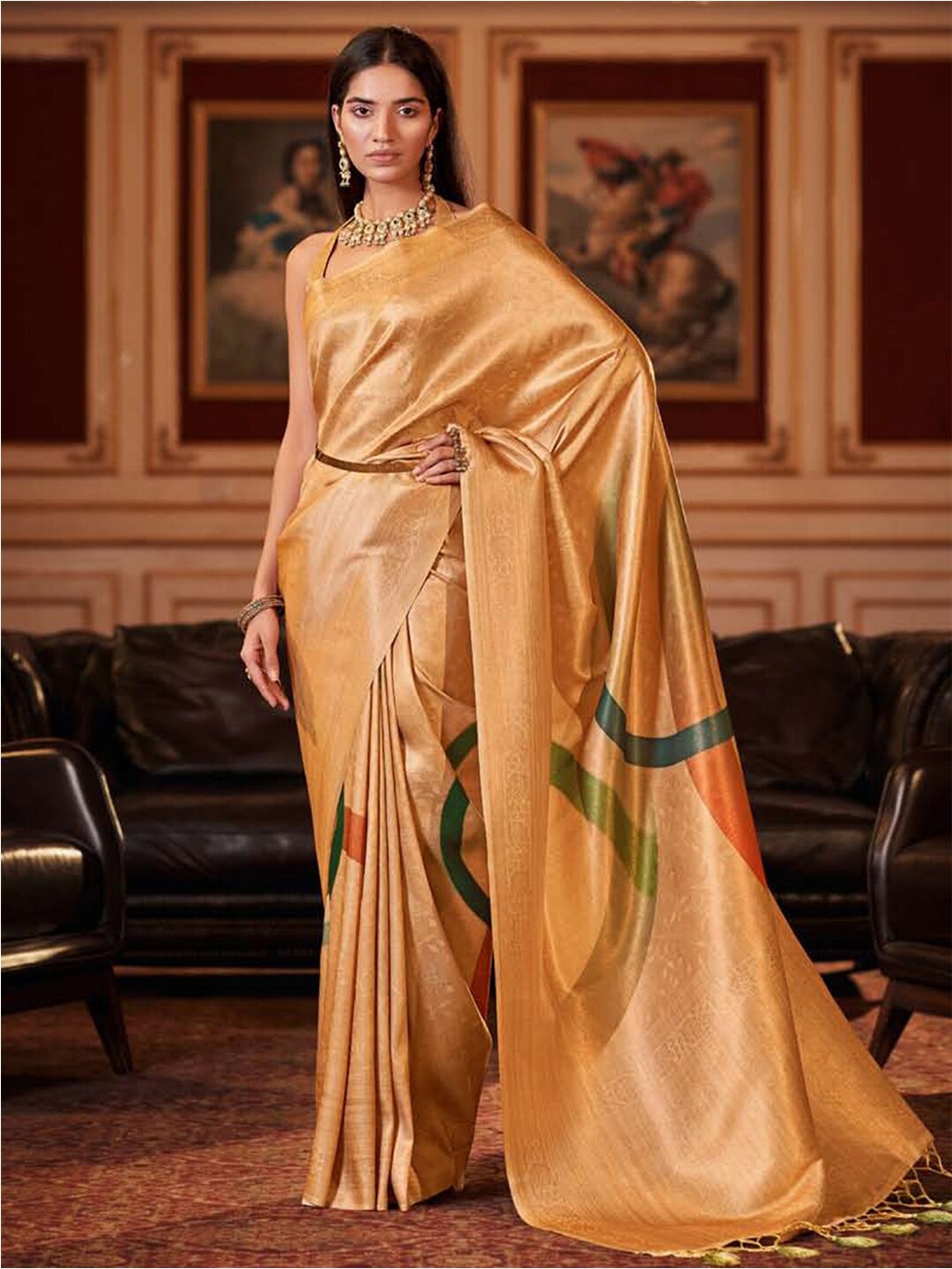 

Mitera Yellow & Green Ethnic Motifs Woven Design Zari Art Silk Banarasi Saree