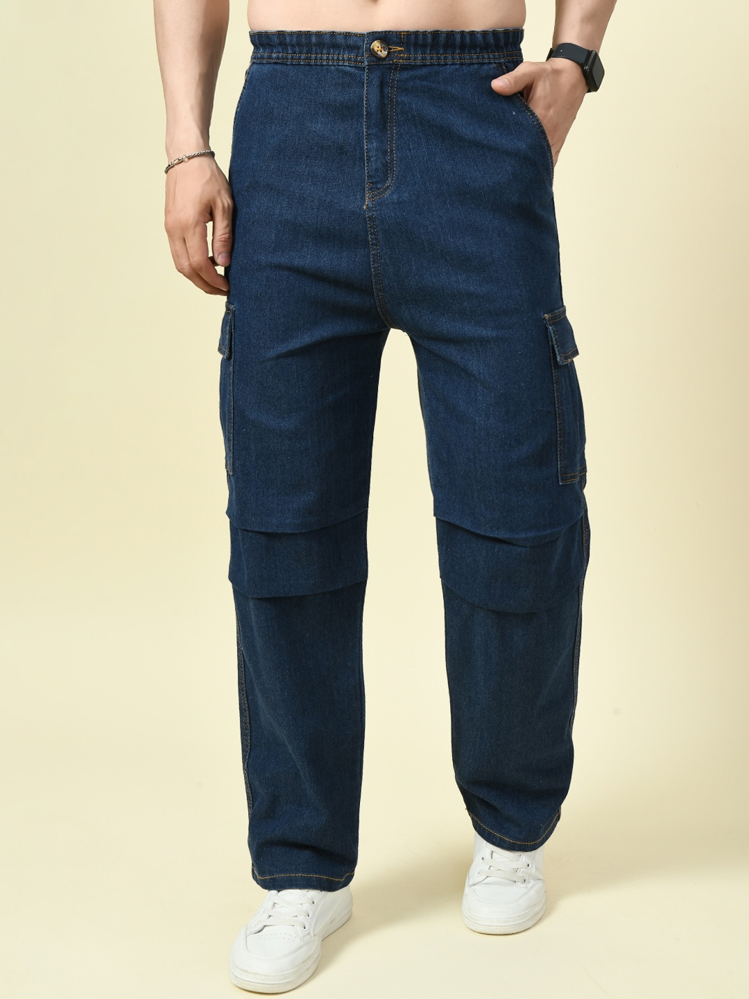 

MONTREZ Men Loose Fit High-Rise Cotton Denim Cargo Trousers, Blue