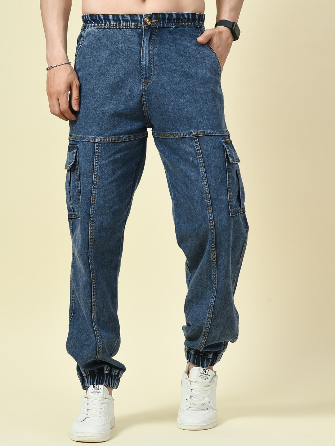 

MONTREZ Men Tapered Fit High-Rise Cotton Joggers, Blue