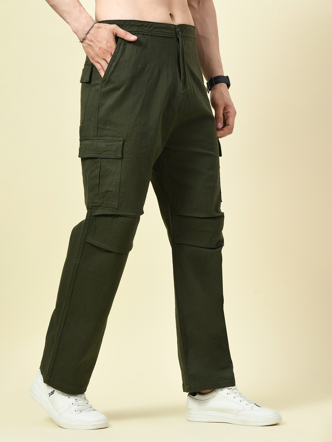 

MONTREZ Men Loose Fit High-Rise Cotton Denim Cargo Trousers, Green