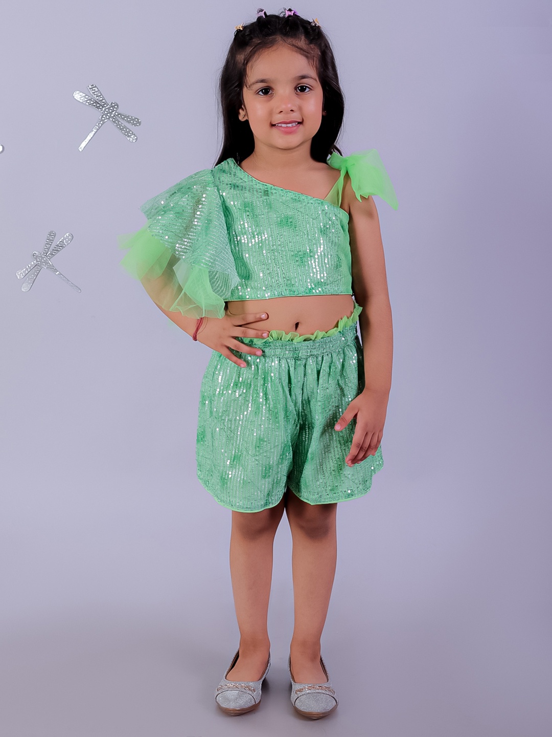 

LIL DRAMA Girls Sequins Embellished Ruffles Top With Shorts, Green