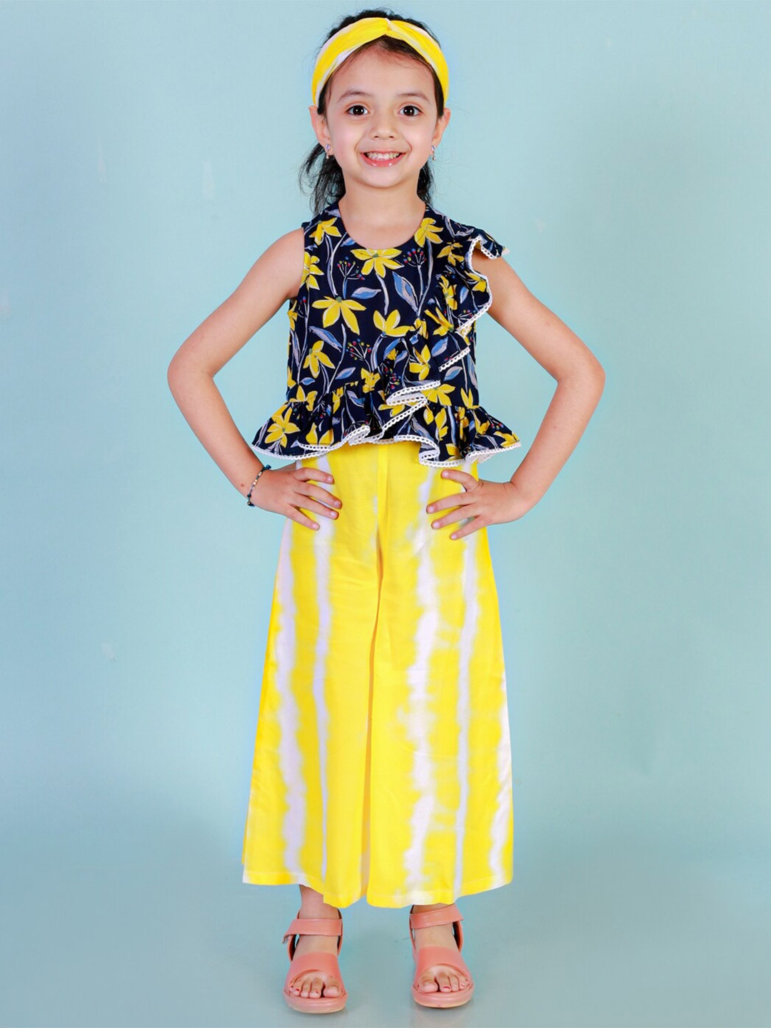 

LIL DRAMA Girls Floral Printed Top With Palazzos, Yellow