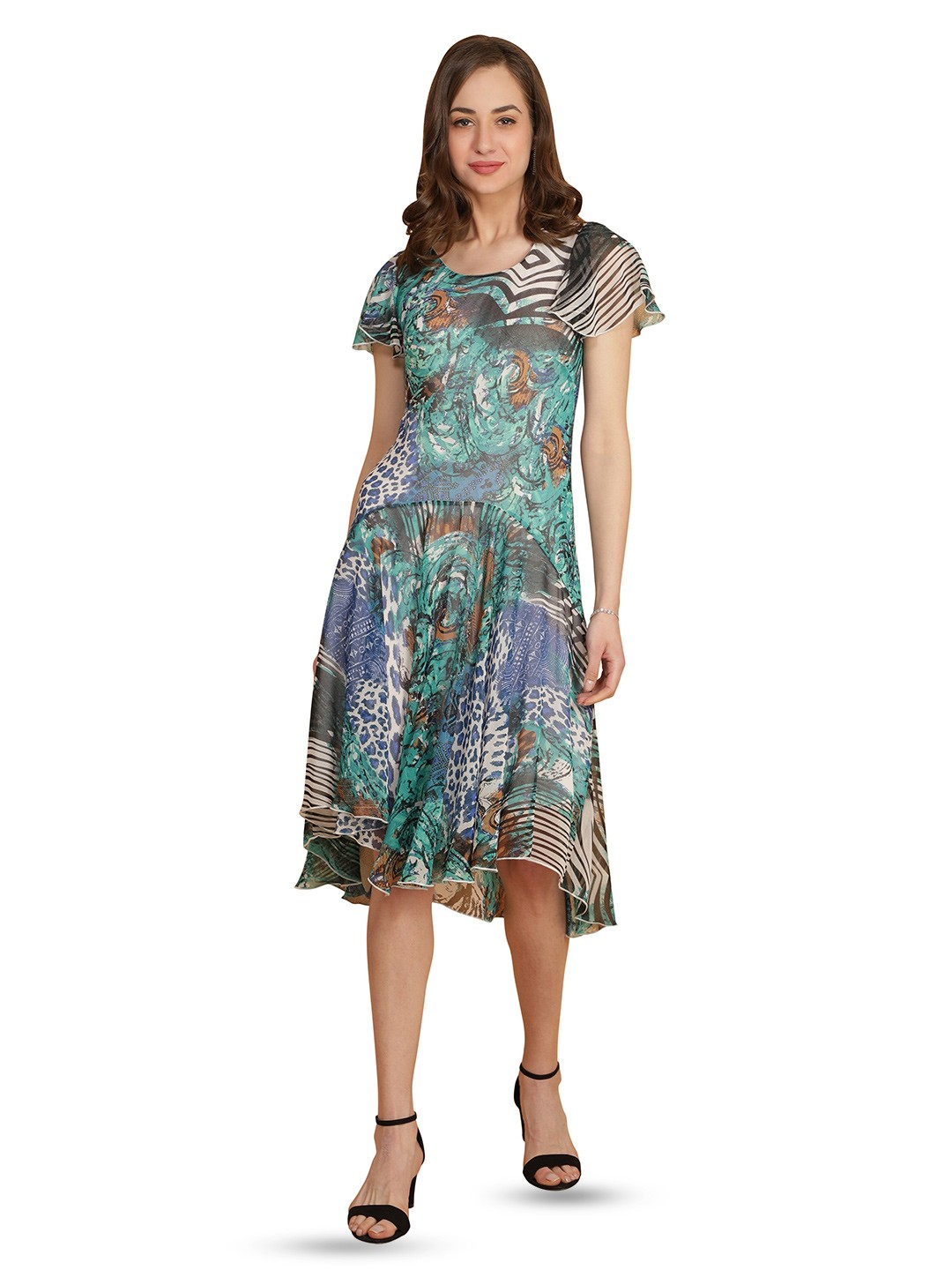 

TSM Abstract Printed Flared Sleeves Georgette Fit & Flare Dress, Green