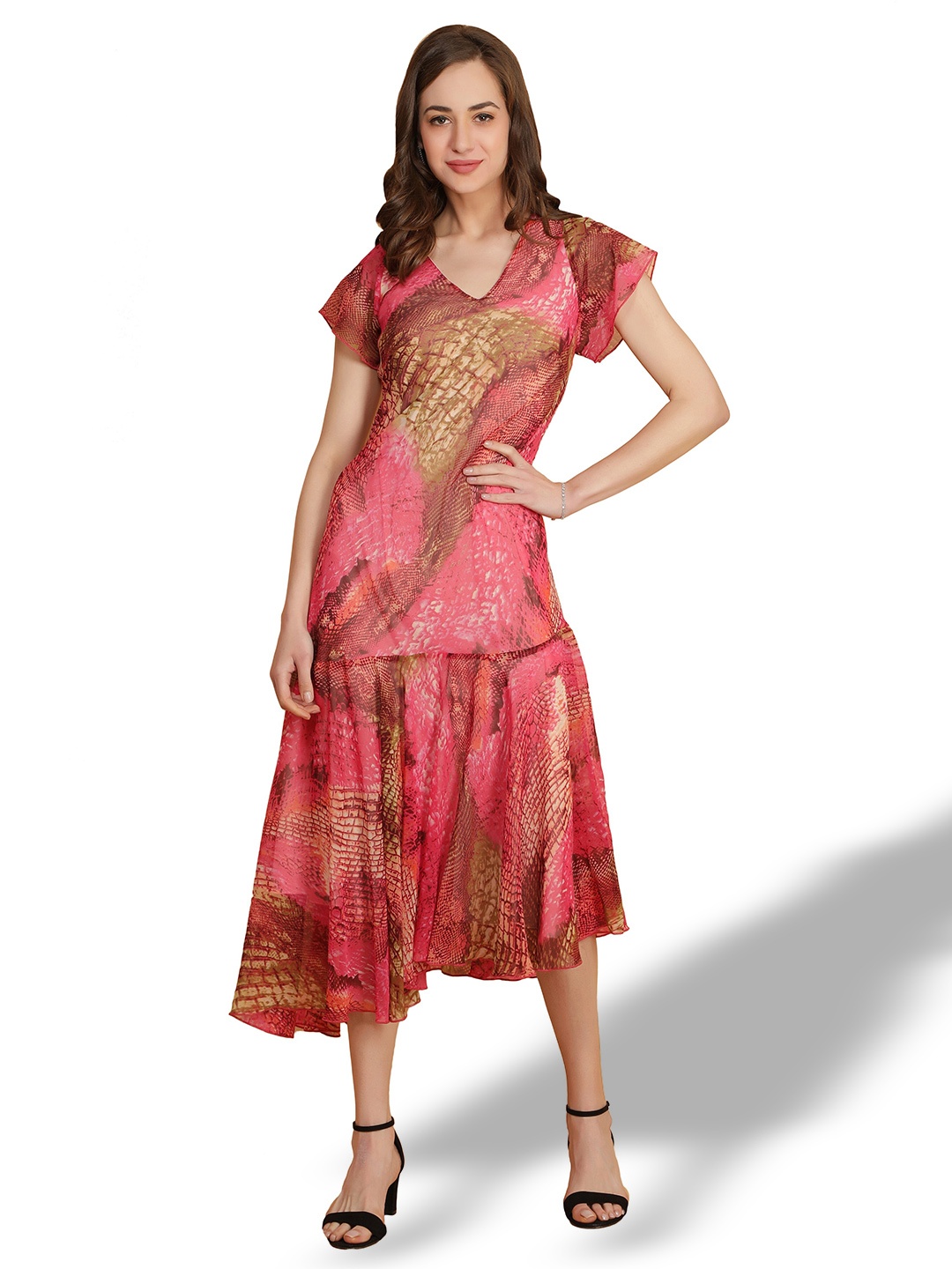 

TSM Abstract Printed Flared Sleeves Georgette Fit & Flare Dress, Pink