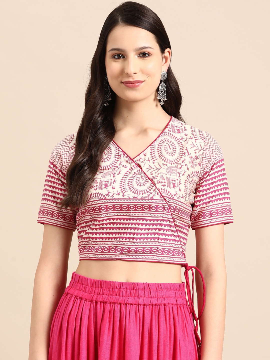 

Molcha Ethnic Motifs Printed Angrakha Style Fusion Saree Blouse, Pink