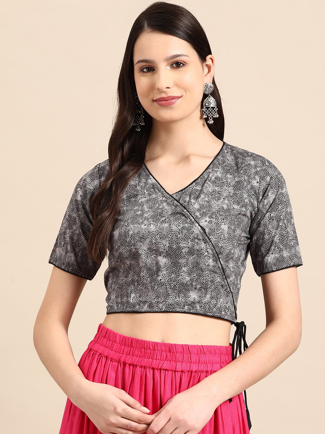 

Molcha Floral Printed Angrakha Style Fusion Saree Blouse, Grey