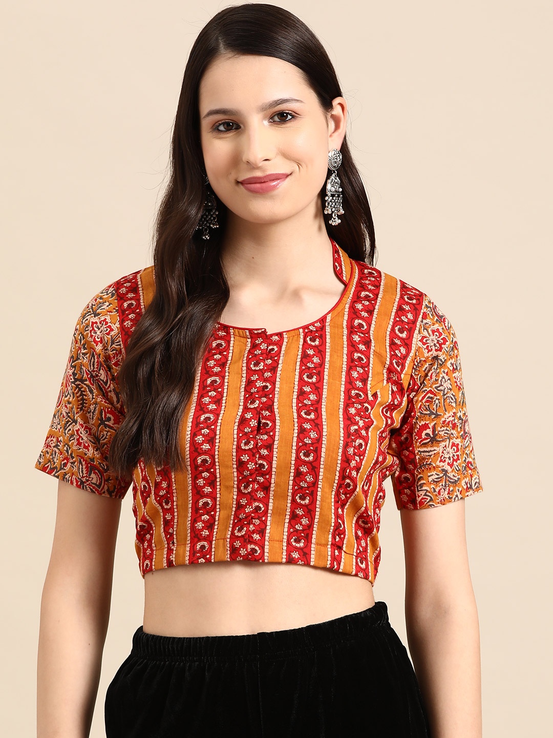 

Molcha Kalamkari Printed Mandarin Collar Fusion Saree Blouse, Maroon