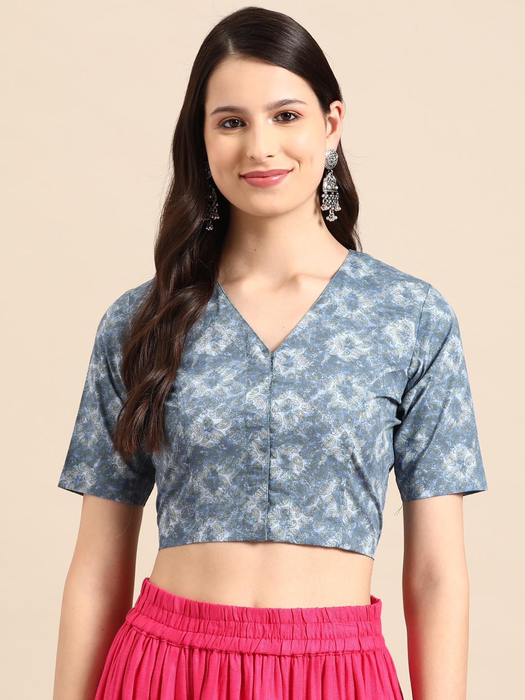 

Molcha Paisley Printed Linen Saree Blouse, Blue