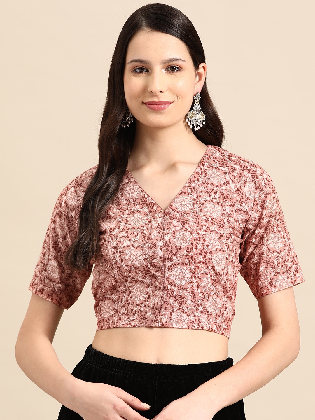 

Molcha Floral Printed Linen Saree Blouse, Brown