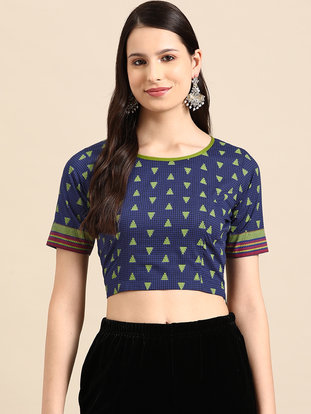 

Molcha Geometric Printed Fusion Saree Blouse, Navy blue