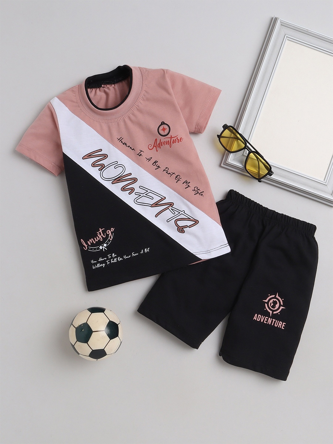 

FOURFOLDS Boys Typography Printed Pure Cotton T-shirt With Shorts, Pink