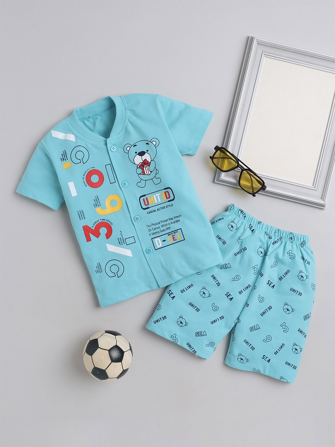 

FOURFOLDS Boys Printed Pure Cotton T-shirt with Shorts, Blue