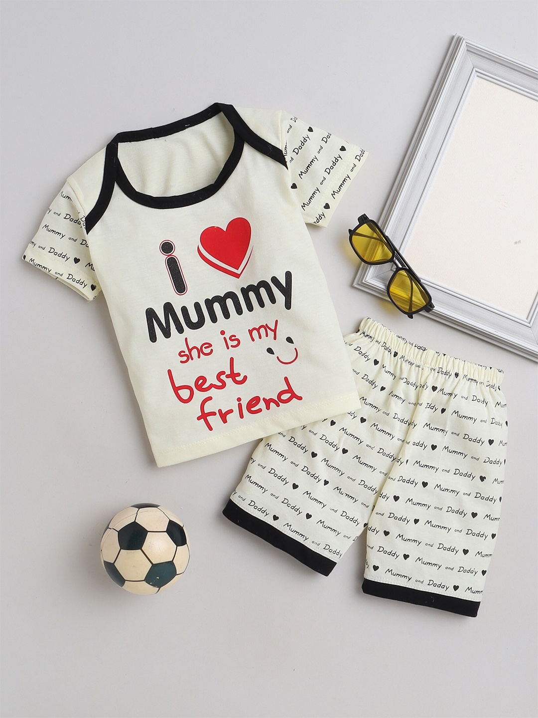 

FOURFOLDS Boys Printed Pure Cotton T-shirt with Shorts, Cream