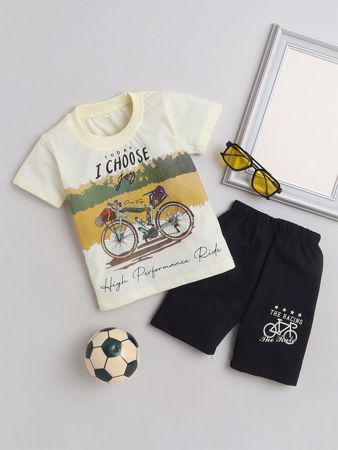 

FOURFOLDS Boys Printed Pure Cotton T-shirt with Shorts, Mustard