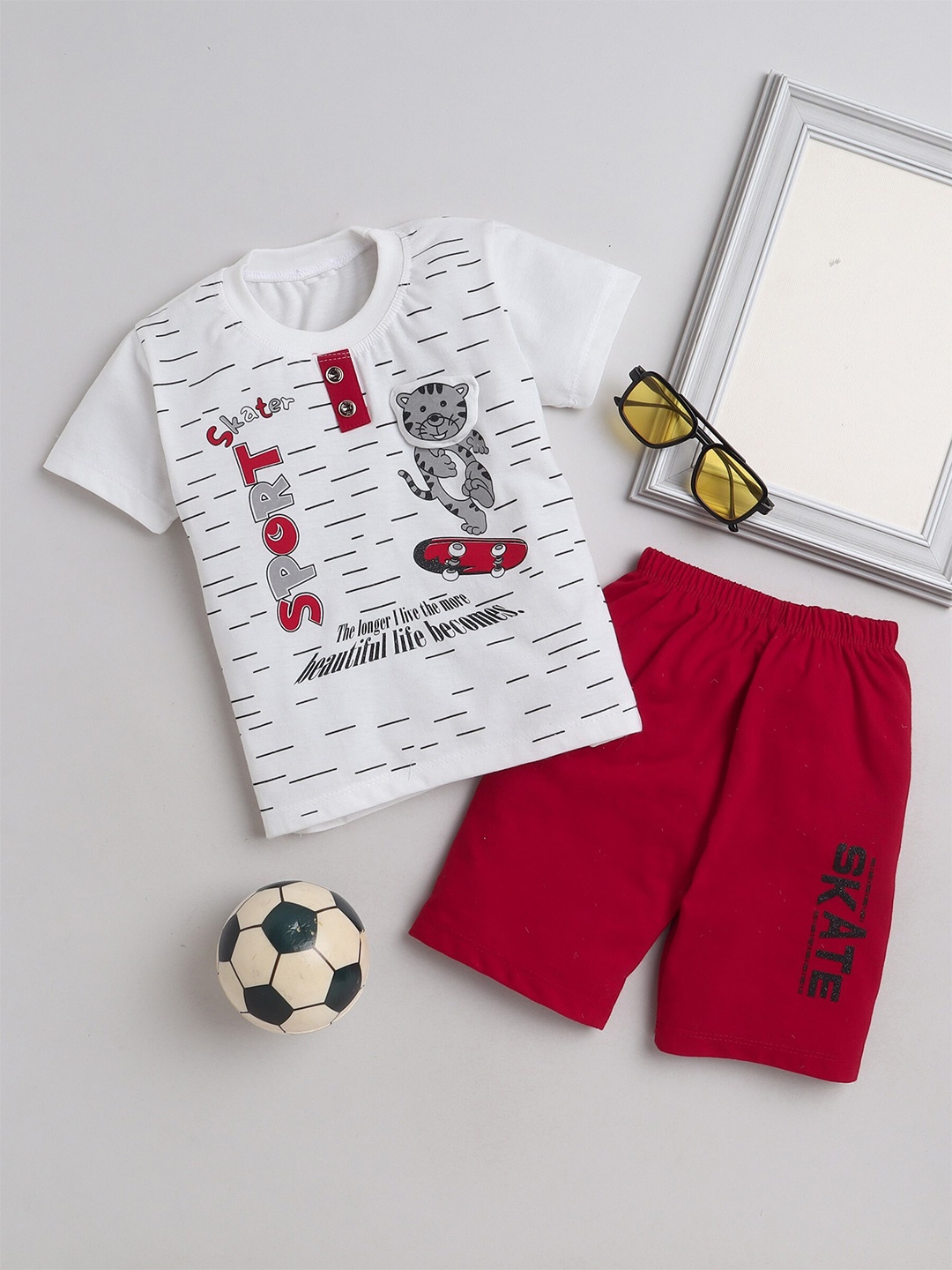 

FOURFOLDS Boys Typography Printed Pure Cotton T-shirt With Shorts, Red