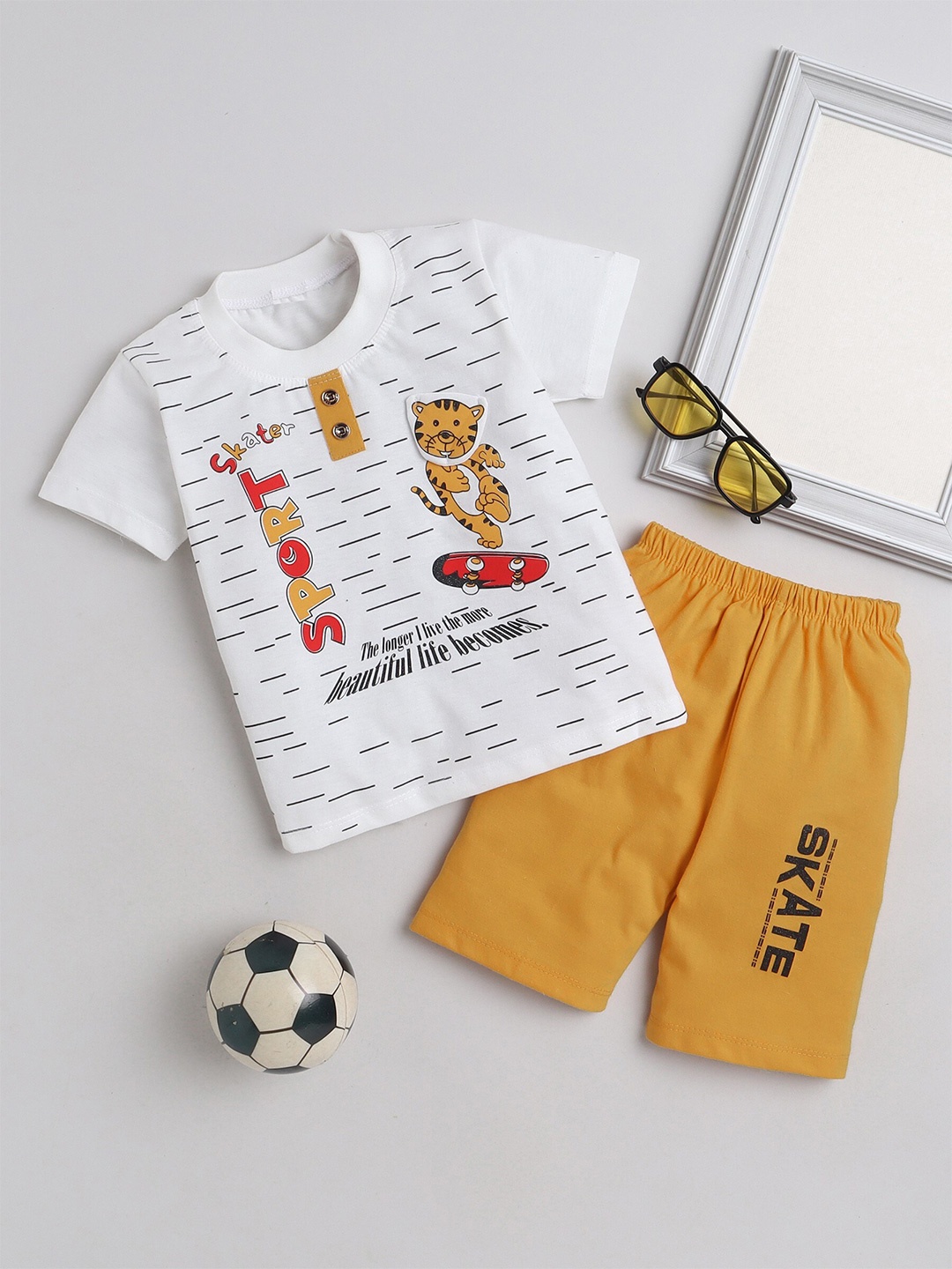 

FOURFOLDS Boys Printed Pure Cotton T-shirt with Shorts, Mustard