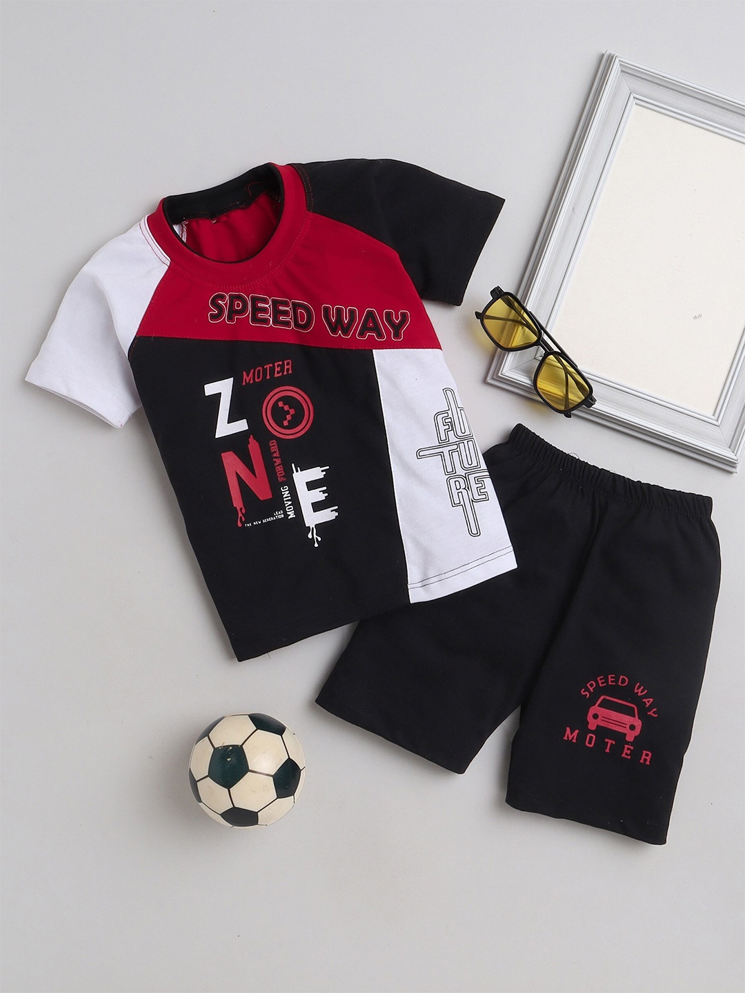 

FOURFOLDS Boys Typography Printed Pure Cotton T-shirt With Shorts, Red
