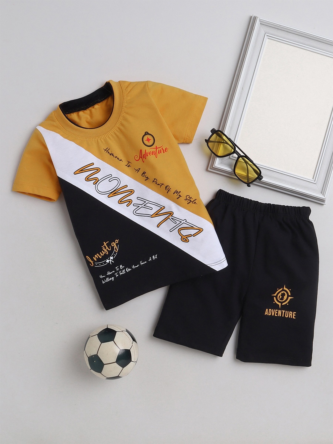 

FOURFOLDS Boys Printed Pure Cotton T-shirt with Shorts, Mustard
