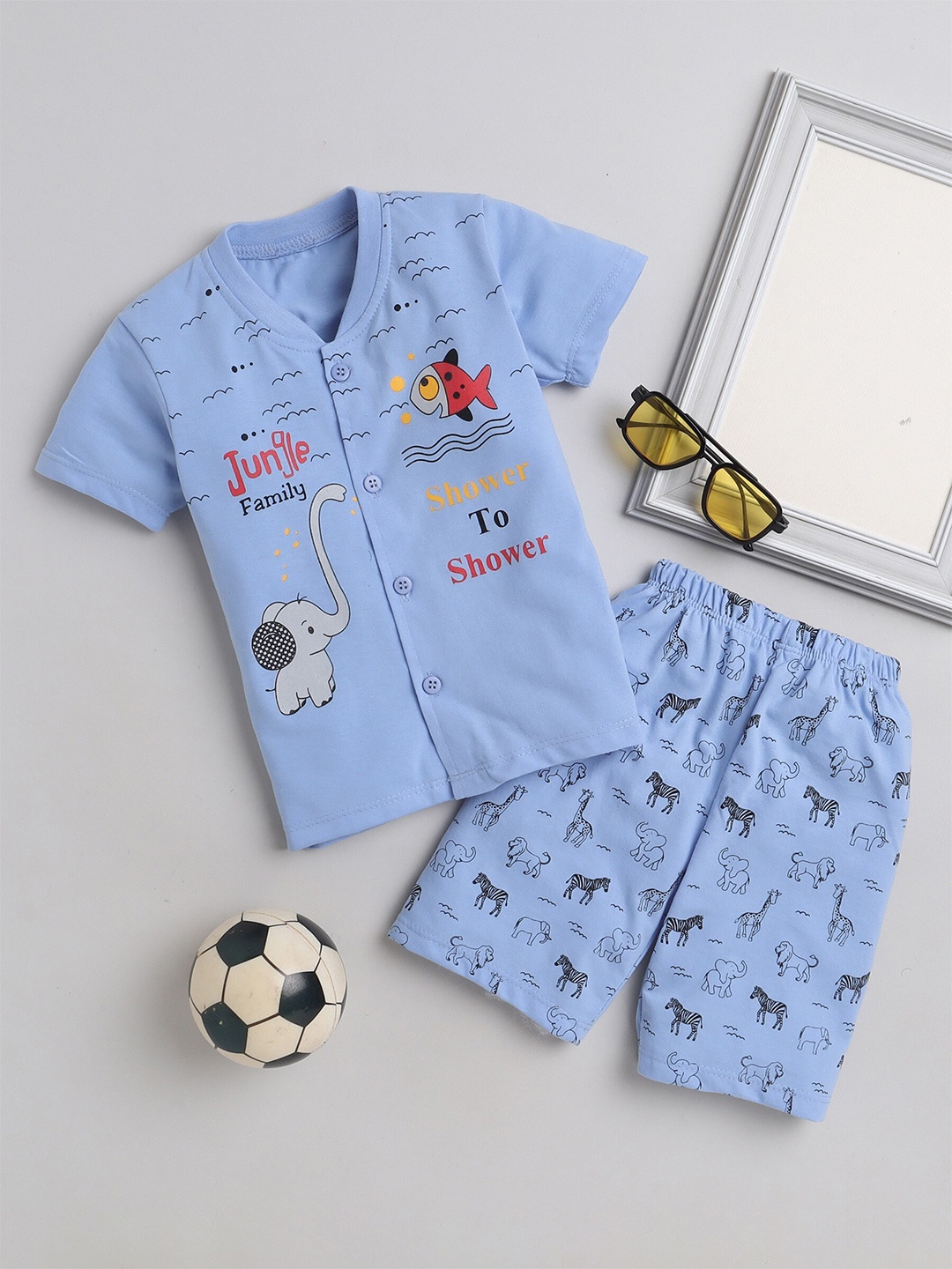 

FOURFOLDS Boys Printed Pure Cotton Shirt with Shorts, Blue