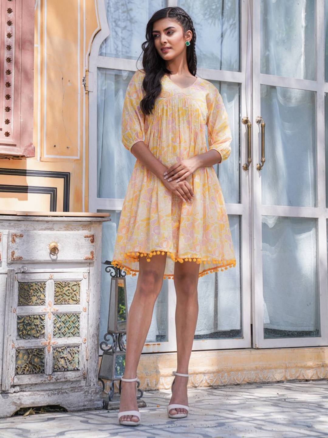 

FASHION DWAR Floral Printed Pom Pom Detailing Pure Cotton A-Line Dress, Yellow