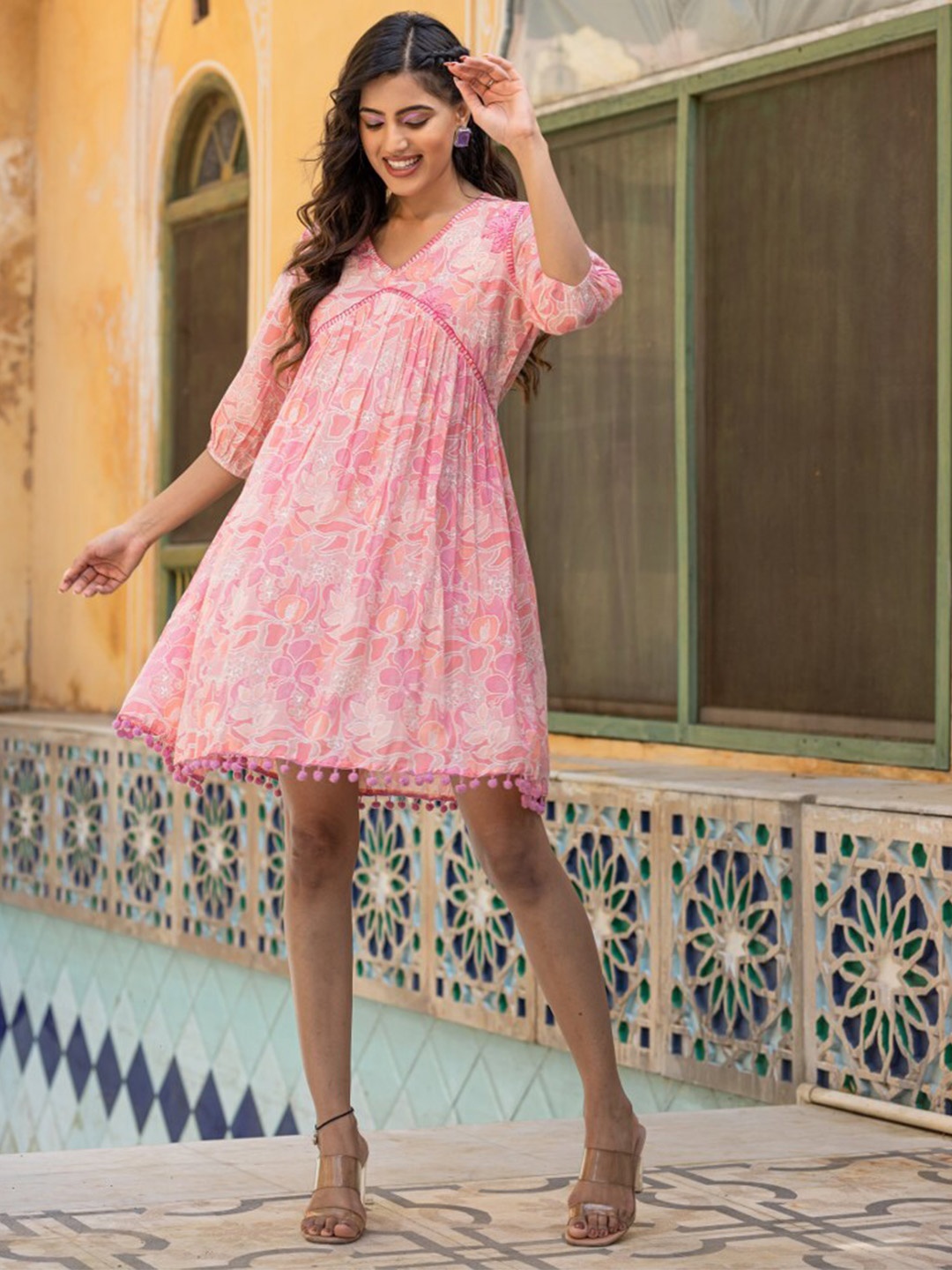 

FASHION DWAR Floral Printed V-Neck Embroidered Detailed Pure Cotton A-Line Dress, Pink