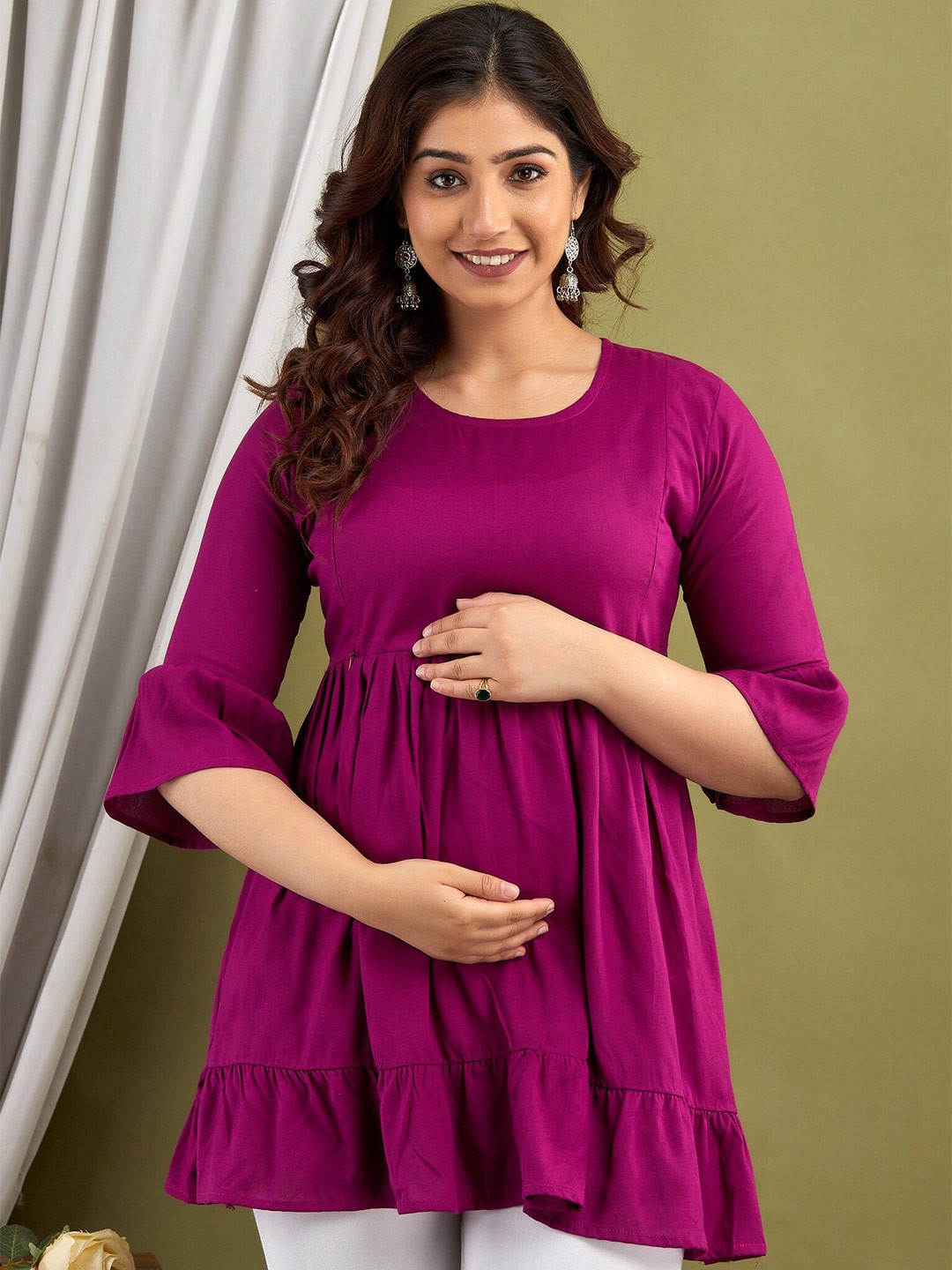 

Mialo fashion Bell Sleeves Gathered or Pleated Peplum Longline Maternity Top, Purple