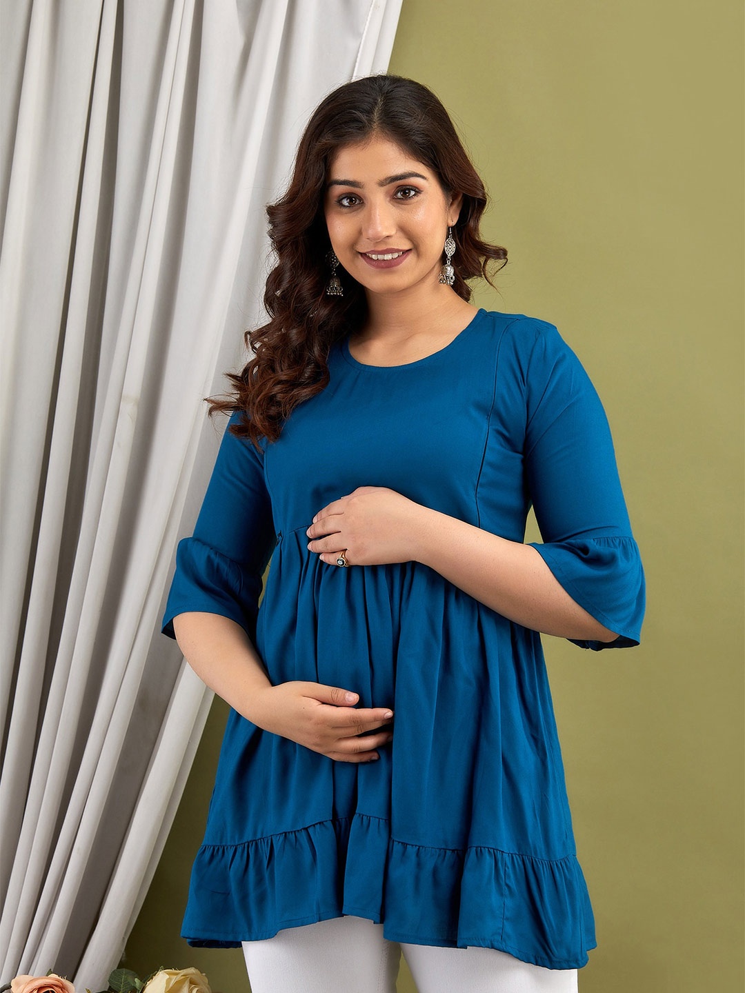 

Mialo fashion Bell Sleeves Gathered or Pleated Peplum Longline Maternity Top, Blue