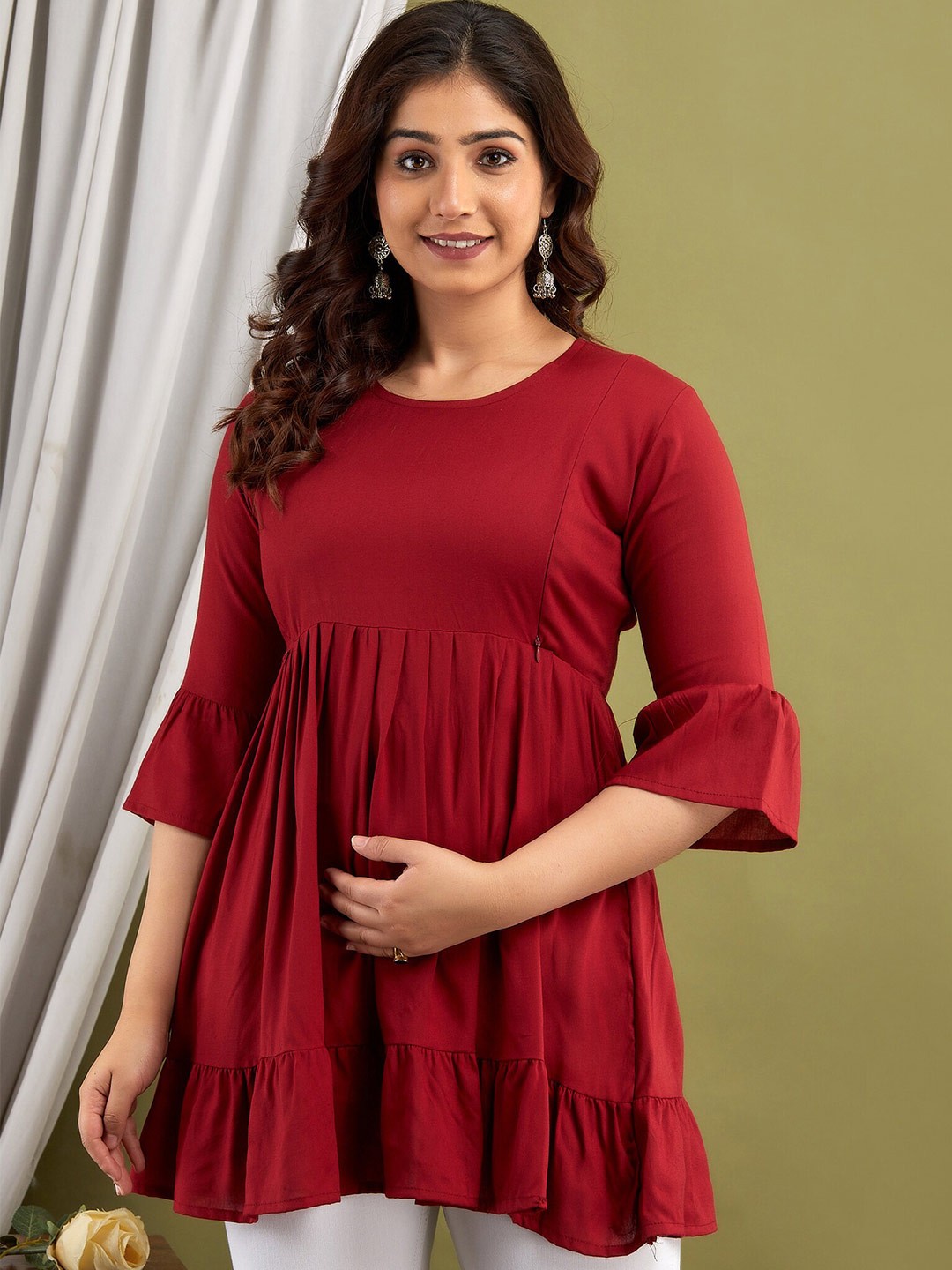 

Mialo fashion Bell Sleeves Gathered or Pleated Peplum Longline Maternity Top, Red