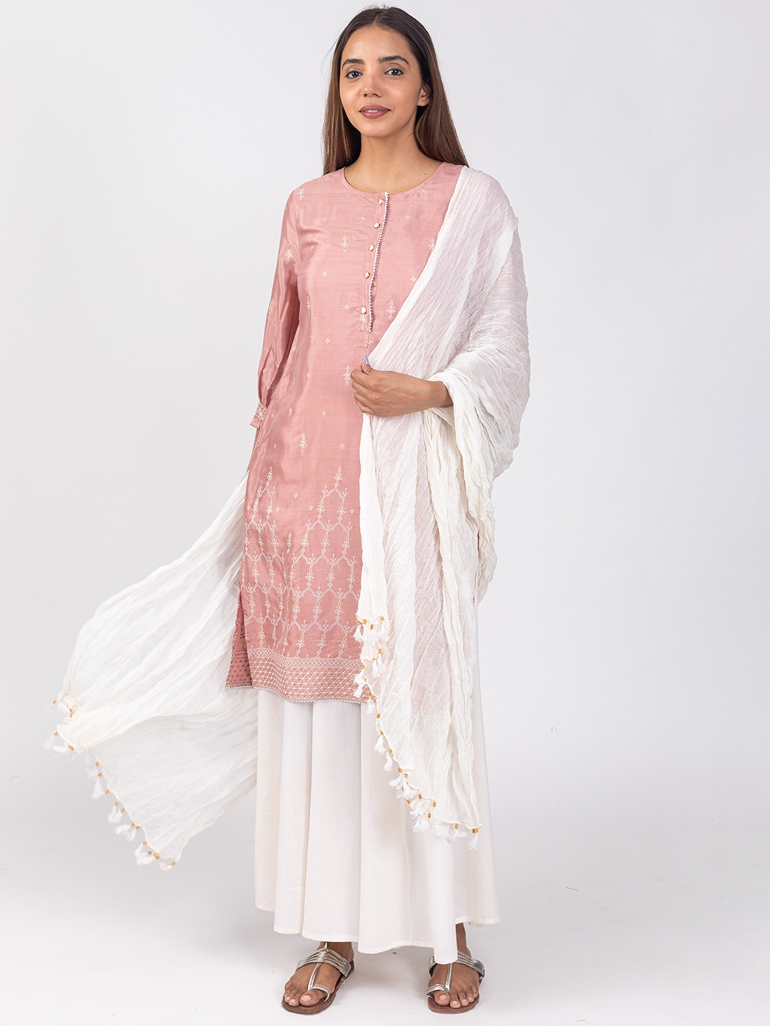 

HERE&NOW Peach Ethnic Motifs Block Printed Flared Sleeves Straight Kurta