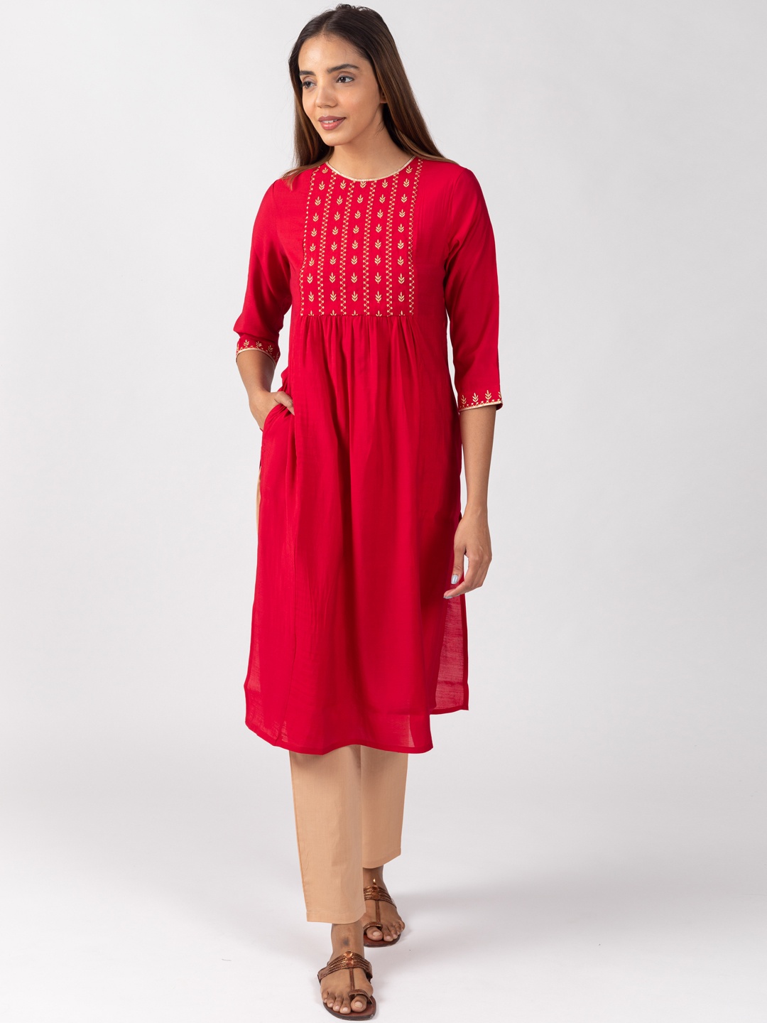 

HERE&NOW Red Thread Work Yoke Design A-Line Kurta