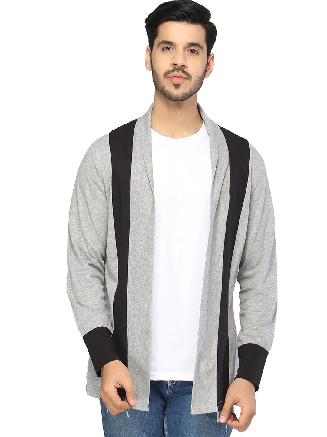 

GLITO Colourblocked Shawl Collar Cotton Shrug, Grey