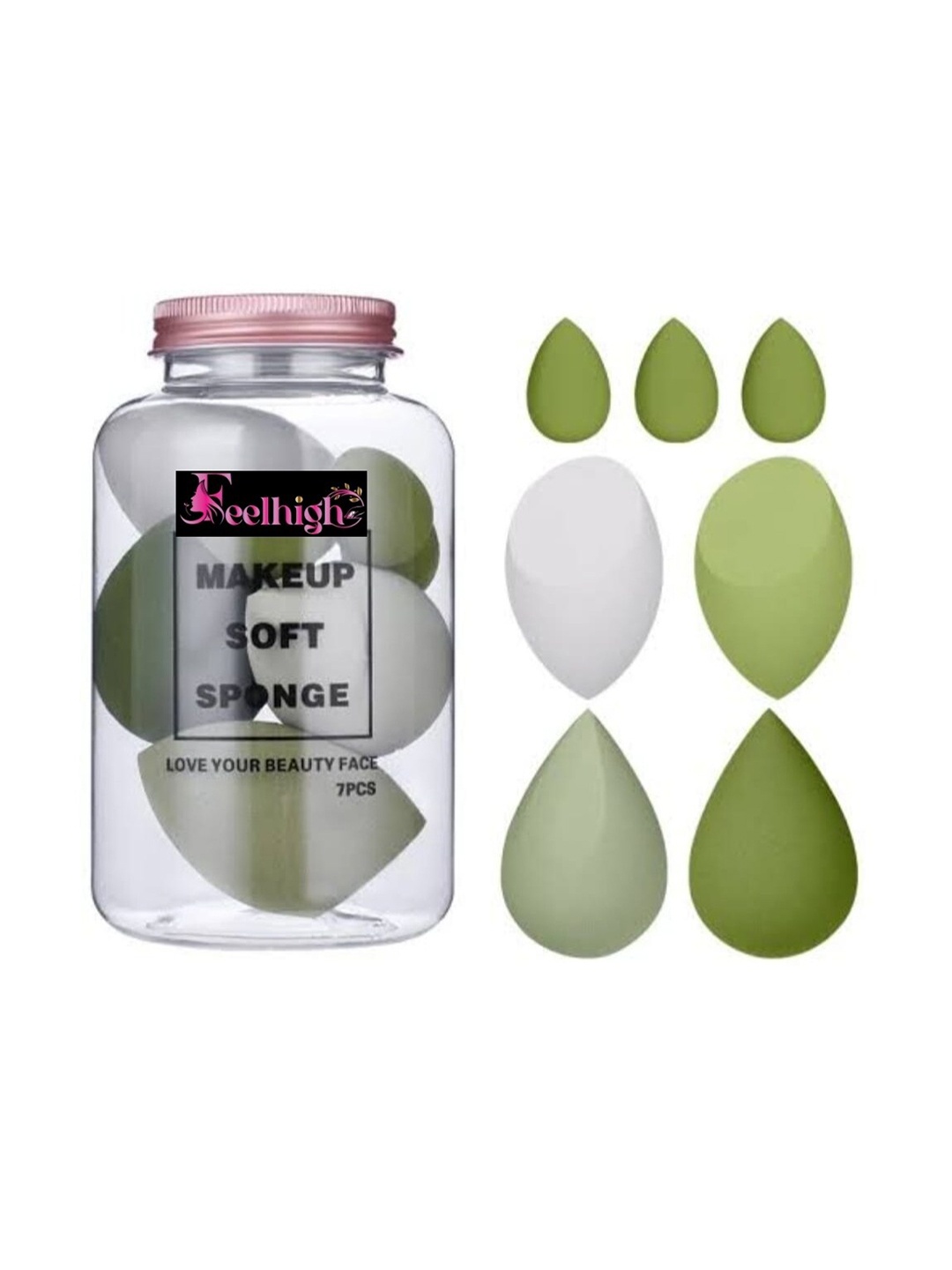 

FEELHIGH Set of 7 Beauty Blenders Makeup Soft Sponges with Storage Jar - Green & White