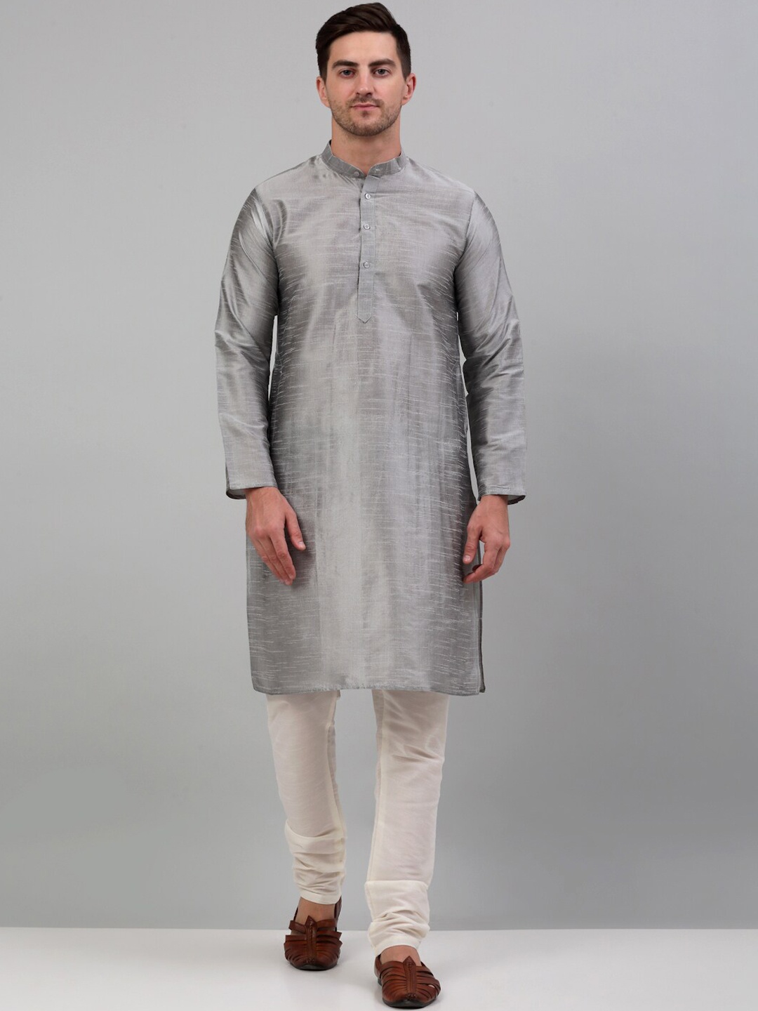 

Jompers Mandarin Collar Regular Kurta & Churidhar With Nehru Jacket, Silver